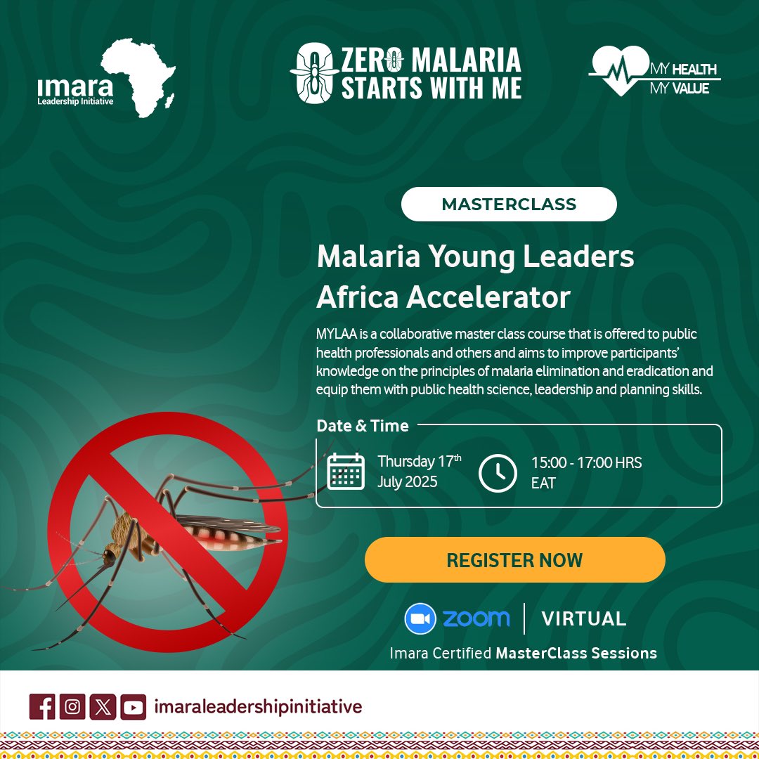 𝗠𝗔𝗦𝗧𝗘𝗥𝗖𝗟𝗔𝗦𝗦 𝗦𝗘𝗦𝗦𝗜𝗢𝗡 
 
🚫🦟 𝗠𝗮𝗹𝗮𝗿𝗶𝗮 𝗬𝗼𝘂𝗻𝗴 𝗟𝗲𝗮𝗱𝗲𝗿𝘀 𝗔𝗳𝗿𝗶𝗰𝗮 𝗔𝗰𝗰𝗲𝗹𝗲𝗿𝗮𝘁𝗼𝗿

This master class course session provides you access to global, continental, regional, and national malaria advocacy campaigns, such as “Zero Malaria Starts