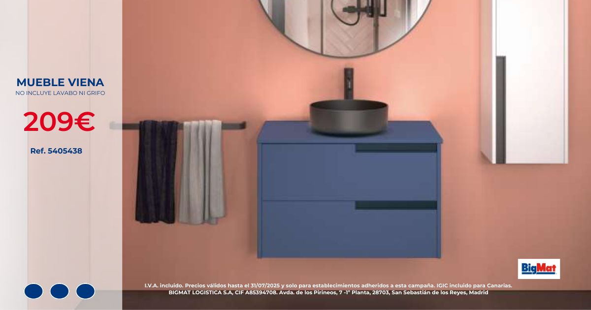 🛁 Dale personalidad a tu baño con estilo y orden
El Mueble Viena lo tiene todo: diseño moderno, gran capacidad y acabado azul mate

 Compatible con lavabo sobre encimera
🧰 Cajones amplios y funcionales
📍Disponible en tiendas BigMat
#BigMat #Baño #Reforma #Diseño #Profesionales