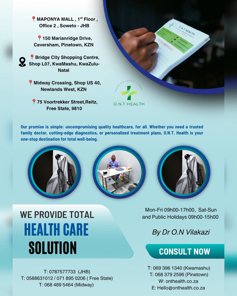 MedicsWhoCare's tweet image. As O.N.T Health, we always make sure to prioritize our patient’s medical needs at all times 💚
Make your way to any of our practices for all your medical needs today
Walk ins are welcome and we’re open 7 days a week
Mon-Fri 09:00-17:00 / Sat-Sun and Public Holidays 09:00-15:00