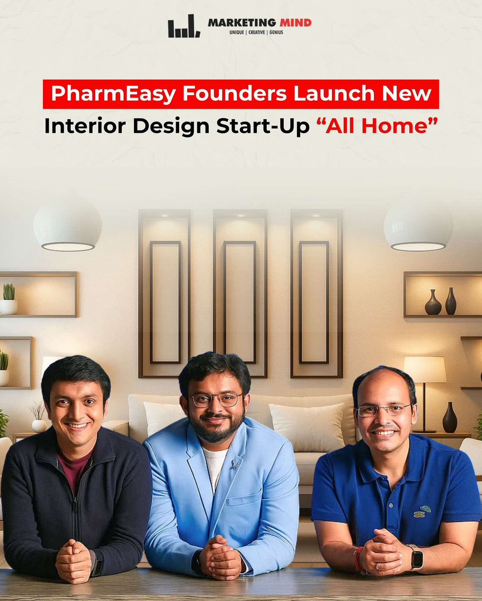 MarketingMind_'s tweet photo. PharmEasy founders Dharmil, Dhaval &amp; Hardik step into interiors with ‘All Home’, valued at $120 million.

#MarketingMind #PharmEasy #AllHome #WhatsBuzzing https://t.co/9ZbOAYSBGb