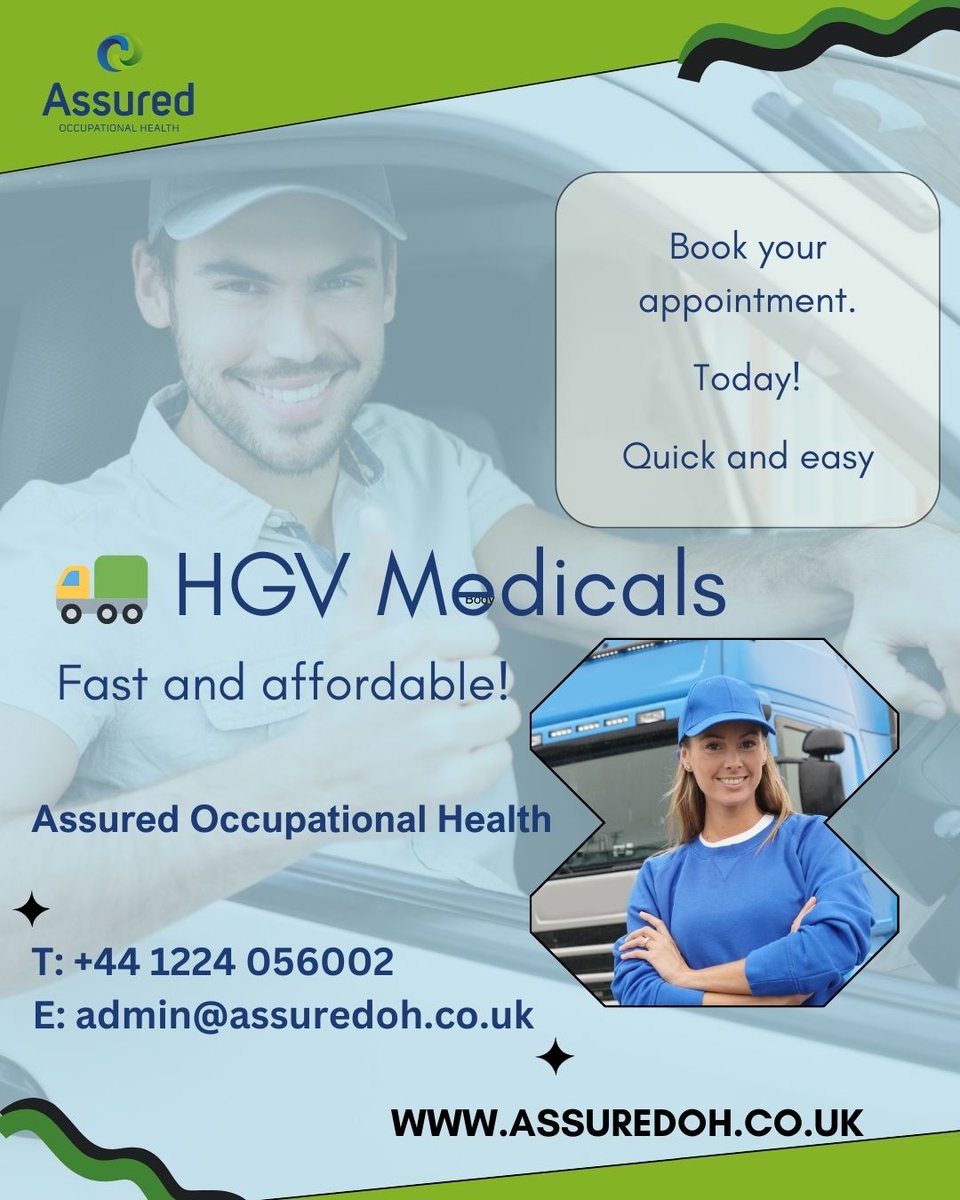 AssuredOh's tweet image. Need a D4 medical for your HGV licence?
✅ Fast appointments
✅ DVLA compliant
✅ Affordable price
📲 01224 056002 E.admin@assuredoh.co.uk
#HGVDrivers #MedicalCheck #LGV