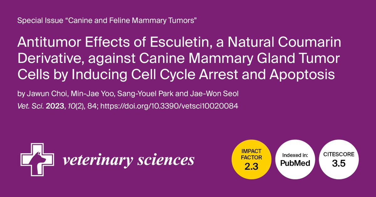 Vetsci_MDPI's tweet image. 📌Welcome to read the highly cited paper on:

#antitumoreffects #caninemammaryglandtumor #cellcyclearrest #apoptosis

🎓By: Jawun Choi, Jae-Won Seol et al. from Jeonbuk National University, Republic of Korea

🔎Read more at: mdpi.com/2306-7381/10/2…