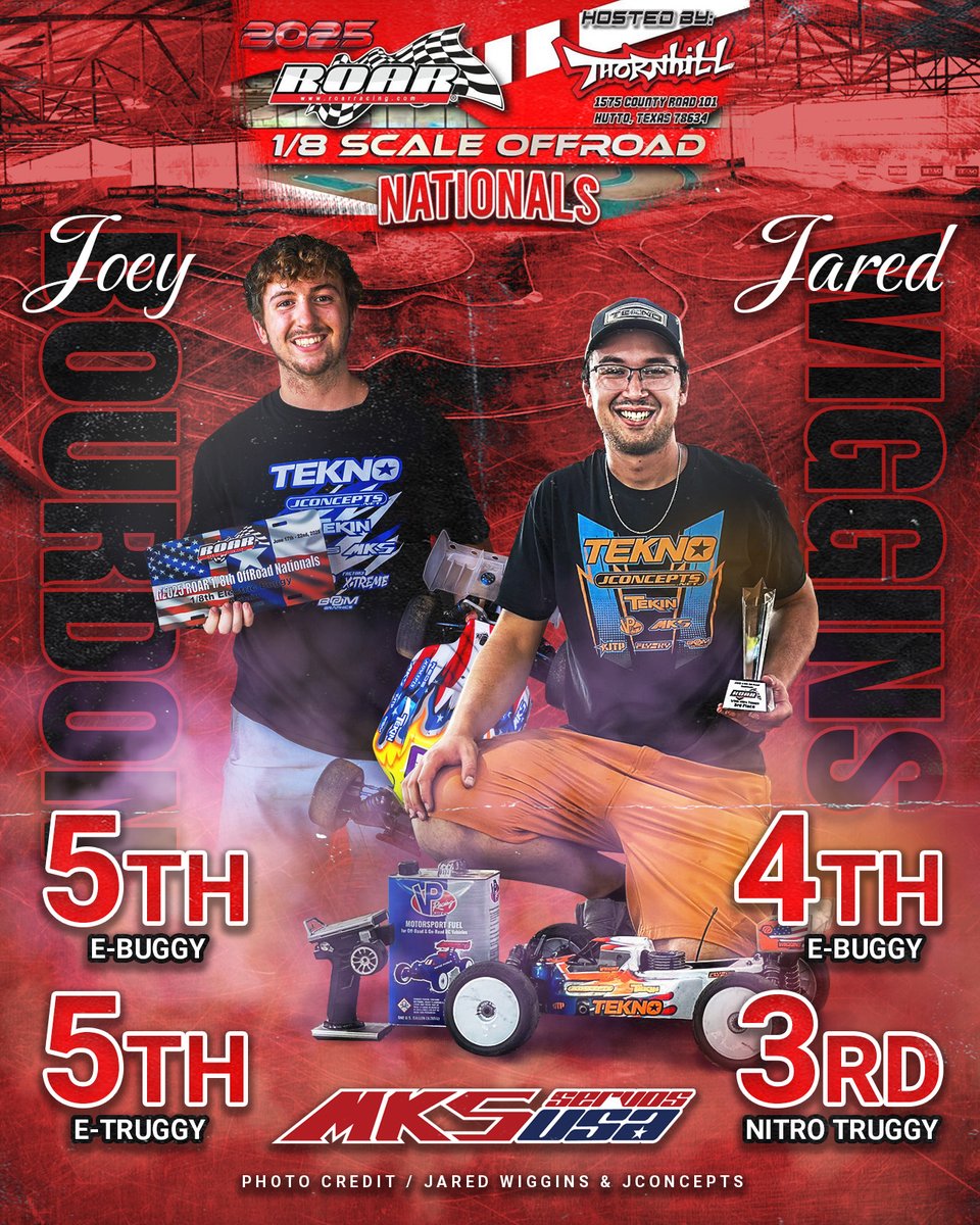 Congrats MKS ServosUSA.com 🇺🇸team driver Jared Wiggins &amp; Joey Bourdon did good job at 🏁🇺🇸2025 ROAR Racing 1/8th Off-road Nats at Thornhill Racing Circuit!🇺🇸🏁
#MKSservosUSA #MKSservos #MKSservo #MKS #HBL599 #MKSX6 #TeknoRC #ROAR #RoarRacing #Nationals #Nats #JConcepts