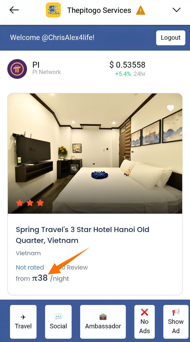 PiByChristian's tweet photo. 🌴Spring Travel’s 3-Star Hotel in Hanoi, Vietnam 🇻🇳, slightly jumped from 27 $Pi to 38 $Pi a night tracking market trends
This is still a 🌞HOT Deal! though
#PiNetwork $TON $ICE #BuiltOnPi #Web3 https://t.co/E15z1qvLG6