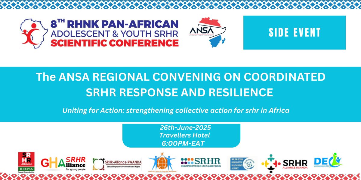 SRHRAllianceUg's tweet image. 📢 Happening at the 8th #RHNKPanAfricanConference!

Join our partner @AnsaSRHR for a powerful side event:
The ANSA Regional Convening on Coordinated SRHR Response and Resilience
🗓️ 26th June 2025
📍 Travellers Hotel, Mombasa
🕕 6:00PM EAT

Theme: Uniting for Action: Strengthening…