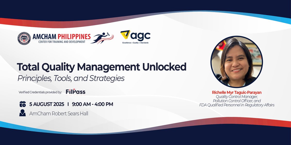 Participants will gain a solid understanding of key Total Quality Management (TQM) concepts, learn how to apply the TQM process cycle, explore essential tools for measuring quality output, and examine benchmarking techniques.

amchamphilippines.glueup.com/event/total-qu…