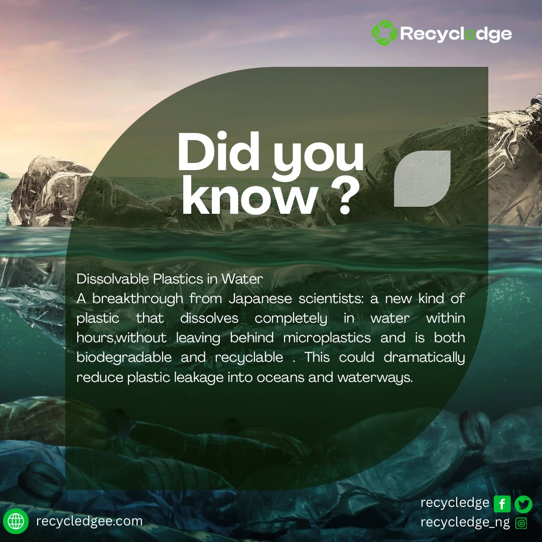 recycledge's tweet photo. Japanese scientists have developed a plastic that dissolves completely in water within hours no microplastics, fully biodegradable and recyclable. ♻️💧
A major step toward cleaner oceans and a greener future!
#Recycledge #PlasticPollution #Sustainability #MicroplasticFree https://t.co/JtvphINPFc
