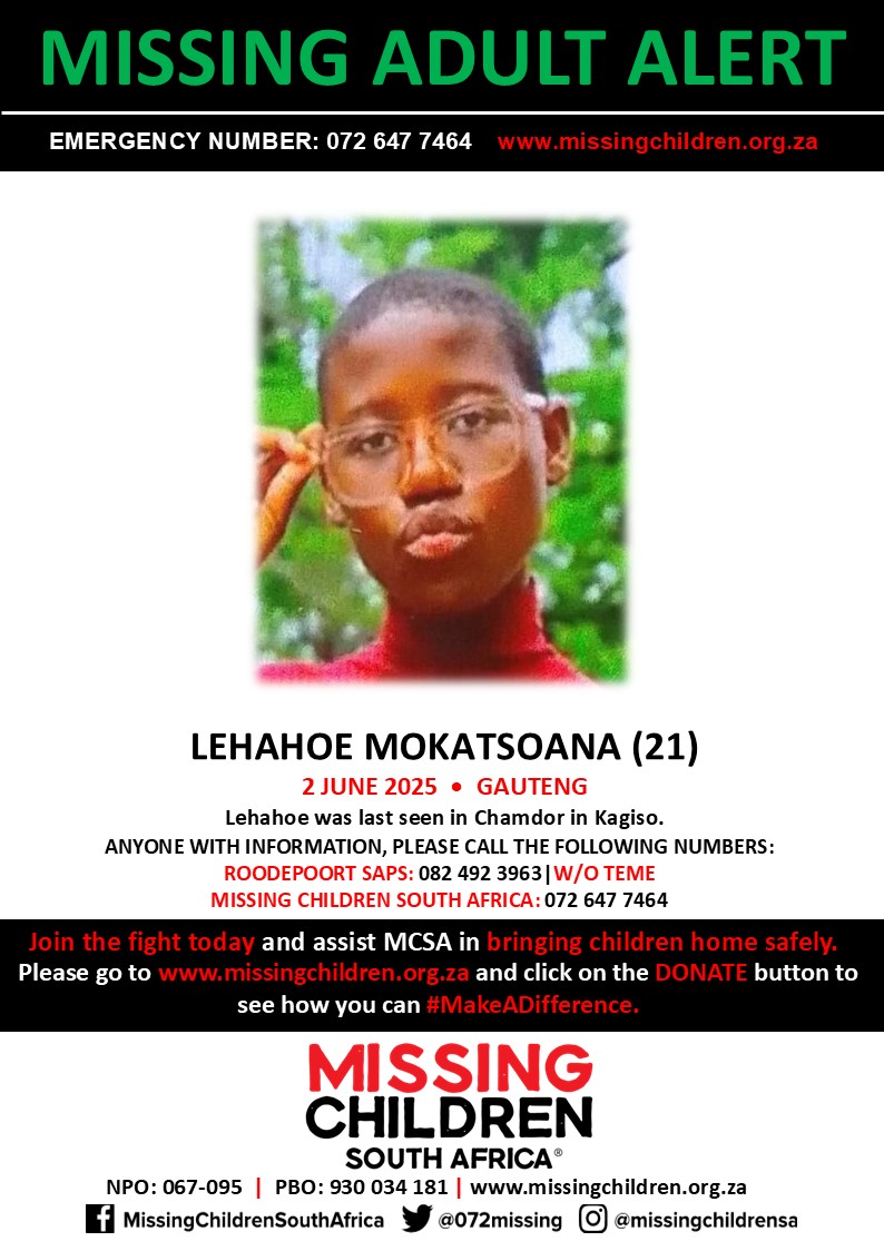 #MCSAMissing 

Lehahoe Mokatsoana (21) was last seen 2 June 2025.

If you personally, or your company | or your place of work, would like to make a donation to #MCSA, please click here to donate: missingchildren.org.za/page/donate- Thank you
