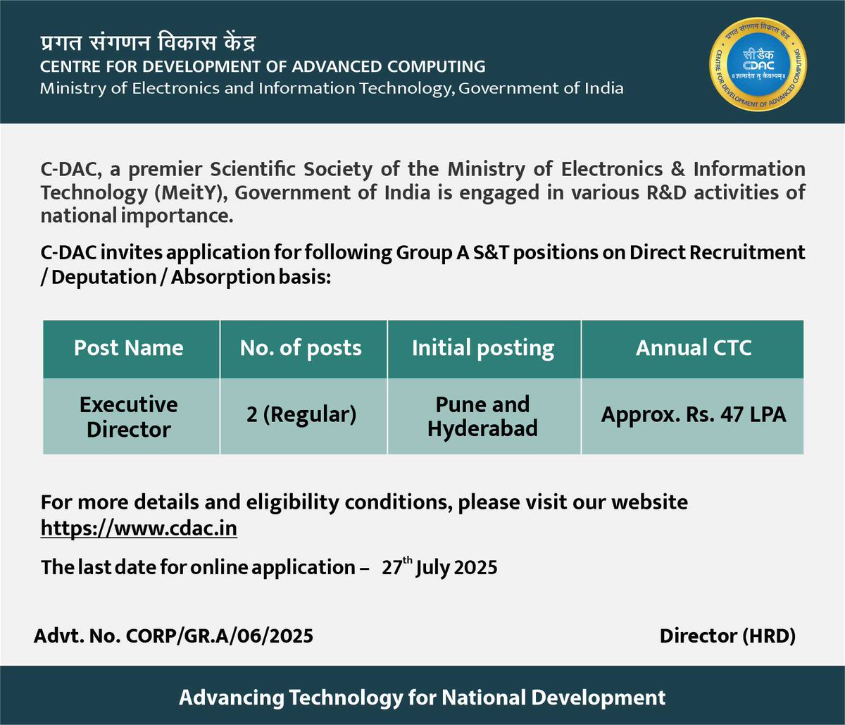 C-DAC India (@cdacindia) on Twitter photo Dreaming of driving innovation and leading impactful national projects? <a href="/cdacindia/">C-DAC India</a> needs your Techno-Managerial expertise! If you're a whiz with a passion for leadership, apply by July 27th , 2025, and help shape the future.
<a href="/GoI_MeitY/">Ministry of Electronics & IT</a> #atmanibharbharat #viksitbharat Dreaming of driving innovation and leading impactful national projects? <a href="/cdacindia/">C-DAC India</a> needs your Techno-Managerial expertise! If you're a whiz with a passion for leadership, apply by July 27th , 2025, and help shape the future.
<a href="/GoI_MeitY/">Ministry of Electronics & IT</a> #atmanibharbharat #viksitbharat