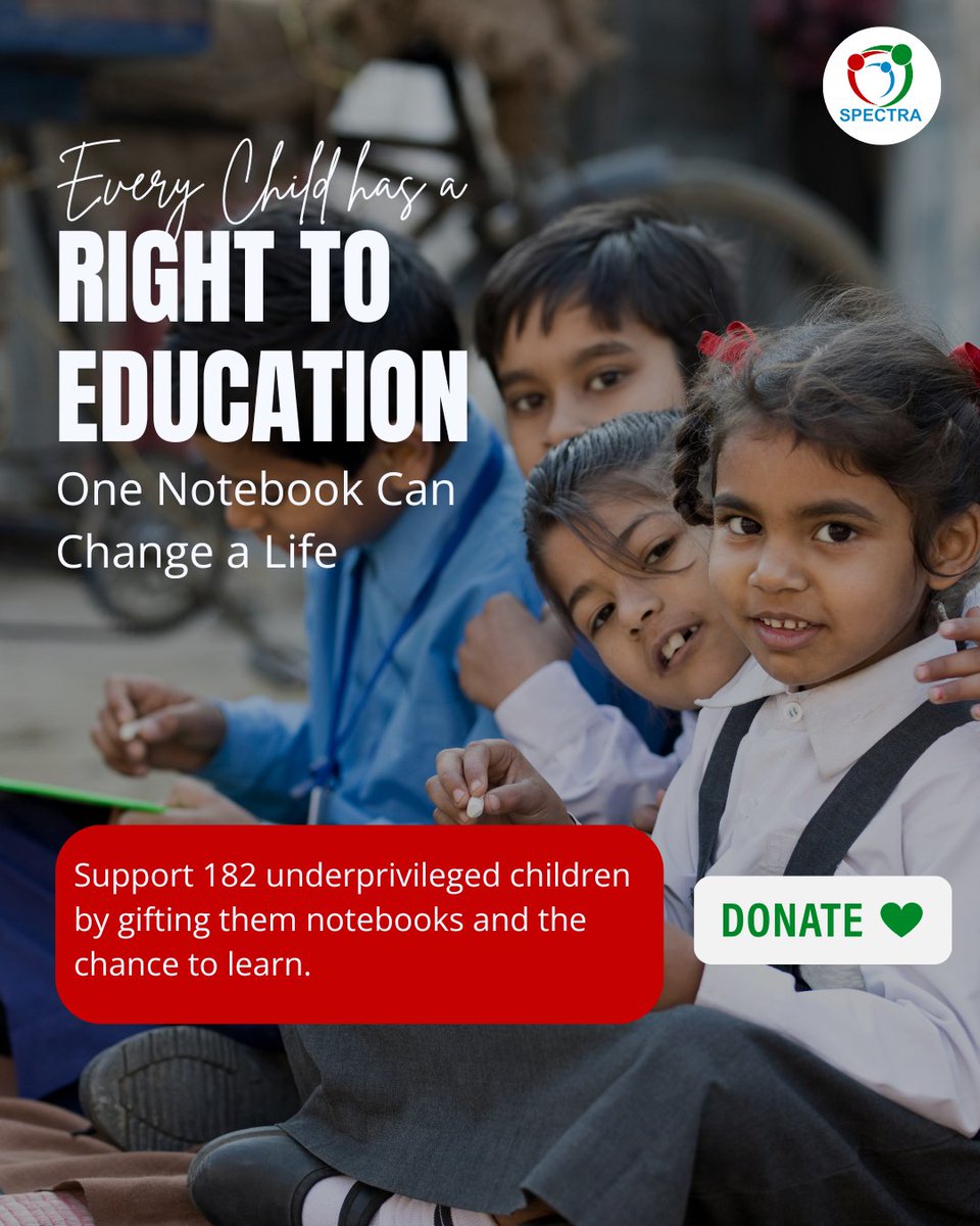 Join us in supporting underprivileged children by providing them with the gift of education through notebook support.

Our requirement is for 182 children x 8 Books 
✅ Donate online on spectraalwar.org

#EducationForAll #educate #rurallife #spectraorganisation