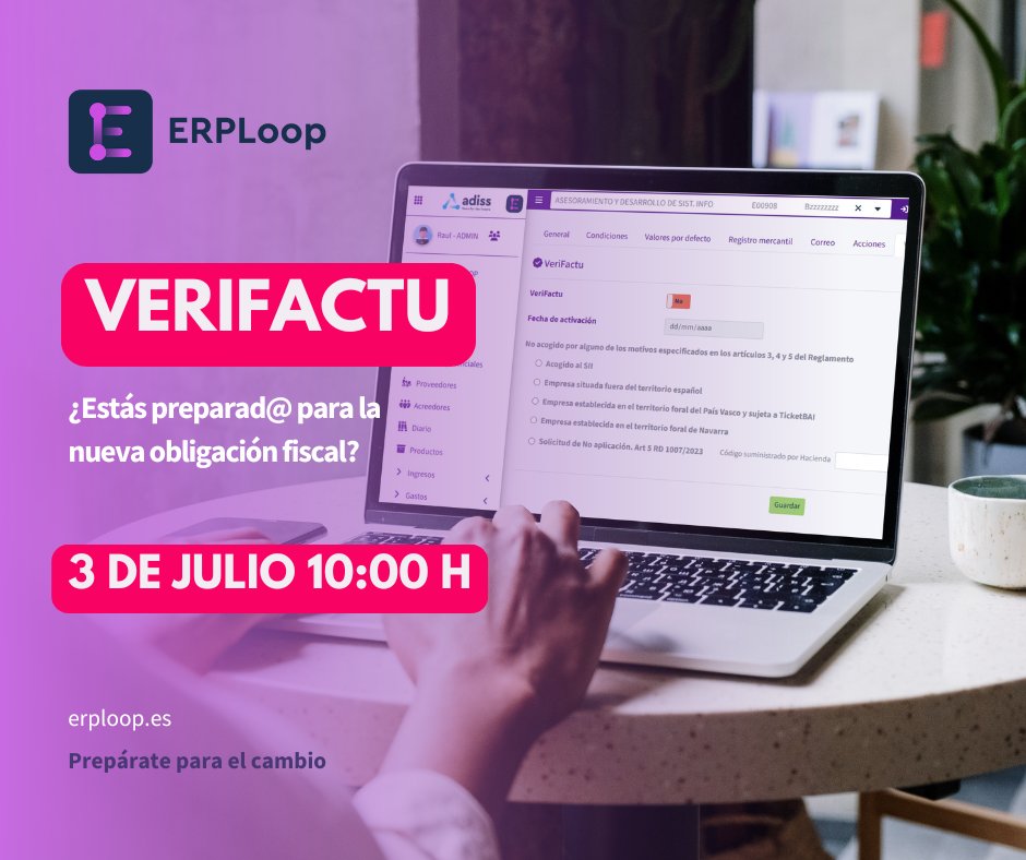 ADISSInforma's tweet image. 😱 ¿Todavía no sabes cómo adaptarte?
🎯 Tranquil@, en este WEBINAR GRATUITO te lo contamos TODO
📝 Reserva tu plaza AHORA 👉 erploop.es/formacion-erpl…
#ERPLoop #Verifactu #AdiósPapel #HolaAutomatización #Digitalízate #FacturaFácil #WebinarGratis #RevoluciónFiscal #EmpresasDelFuturo