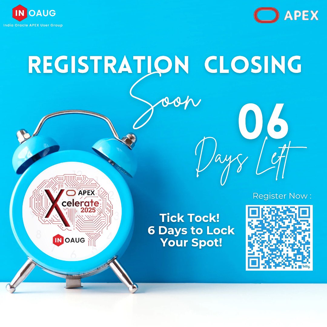 🔥 6 days to go! Turn vision into victory at Xcelerate 2025 – India’s top APEX Hackathon!

📥 Register: bit.ly/INOAUG_Xcelera… [Link in Bio]

📧 hackathon@inoaug.org | 📱 +91 9157935079

#Xcelerate2025 #orclAPEX #AI #LowCode #BuildWithAPEX