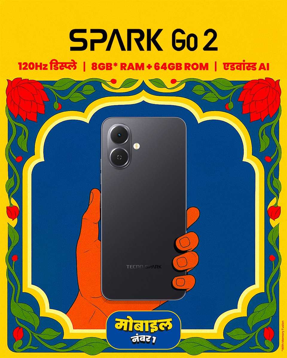 TecnoMobileInd's tweet image. Aa gaya hai #SparkGo2 😁

With:
📱 120Hz Punch-Hole Display
✅ 8GB* RAM + 64GB Storage
⚡ 5000mAh Battery
💪 IP64 Rating
👉 Ella AI

Aur bahut kuch, sirf ₹6,999 mein!

Sale shuru hogi Flipkart par 1st July, 12 Noon se.

Know more ➡️ knw.one/sparkgo2

#TECNOMobile