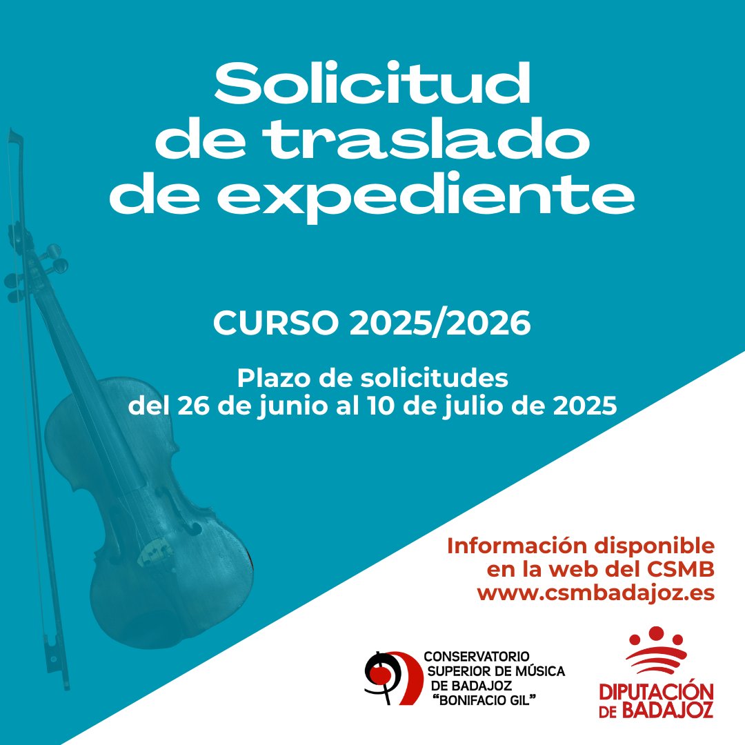 El Conservatorio Superior de Música "Bonifacio Gil" abre el plazo de solicitudes de traslado de expediente.
Toda la documentación y normativa se puede consultar en la web del centro: csmbadajoz.es/?page_id=9647