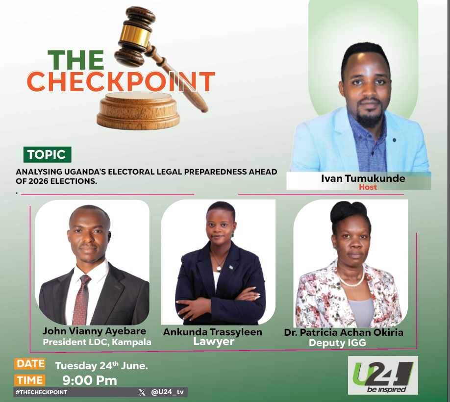 John Vianny Ayebare. (@john_vianny) on Twitter photo Tonight at 9pm, I will join <a href="/DrOkiria/">Dr Patricia Achan Okiria</a> the Deputy IGG of Uganda, and the distinguished lawyer <a href="/TrassyleenO/">Trassyleen Ankunda</a> on the program #THECHECKPOINT to discuss Legal Preparedness of the Country to hold the 2026 general elections.
Tune in to U24 TV and participate.
Thank you. Tonight at 9pm, I will join <a href="/DrOkiria/">Dr Patricia Achan Okiria</a> the Deputy IGG of Uganda, and the distinguished lawyer <a href="/TrassyleenO/">Trassyleen Ankunda</a> on the program #THECHECKPOINT to discuss Legal Preparedness of the Country to hold the 2026 general elections.
Tune in to U24 TV and participate.
Thank you.