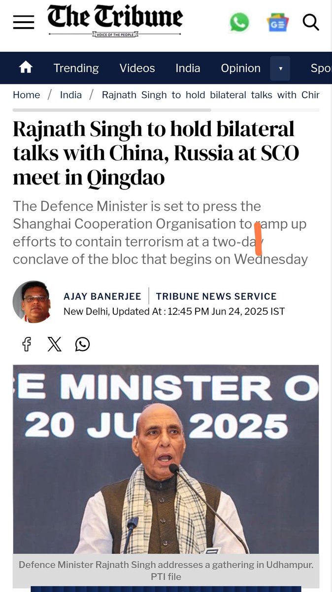 Rajnath to hold bilateral meet with his Chinese counterpart on sidelines of SCO defence Ministers  meet in China. It will be the second meet between the two since the Oct 2024 agreement to restore peace at the LAC.
<a href="/thetribunechd/">The Tribune</a> <a href="/rajnathsingh/">Rajnath Singh</a>
tribuneindia.com/news/india/raj…