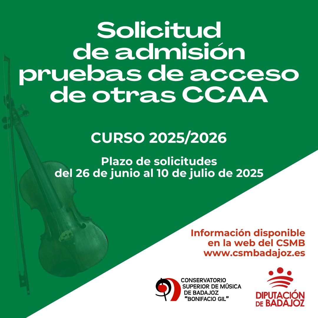 El CSMB abre el plazo para aquellos alumnos que habiendo realizado pruebas de acceso en otras comunidades autónomas deseen ingresar en nuestro centro. La documentación necesaria a presentar está disponible en la web del centro: csmbadajoz.es/?page_id=7493