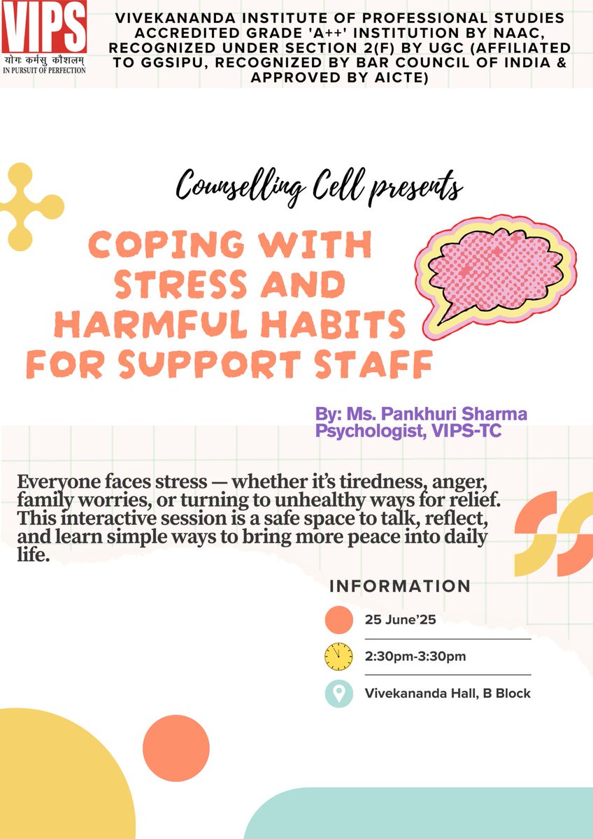 “Coping with Stress and Harmful Habits,” a workshop organized at VIPS, highlighting the importance of mental health, whether it’s tiredness, anger, or family pressures, we are creating a space for our non-teaching staff to reflect.