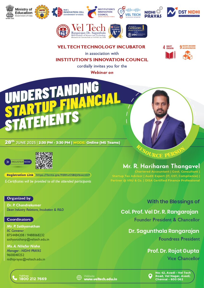 VelNidhi's tweet photo. 📊Webinar: Understanding Startup Financial Statements 📊
🗓️28.06.2025
🕒2:30-3:30 PM(MS Teams)
👤CA Hariharan Thangavel - Chartered Accountant | Govt. Consultant |
🔗https://t.co/Tmhes4XzN5

@IndiaDST @SINEIITB @TBI_Veltech @IicVel 

#VelTechTBI #DST #NIDHIPRAYAS #StartupFinance https://t.co/su6daFuHae