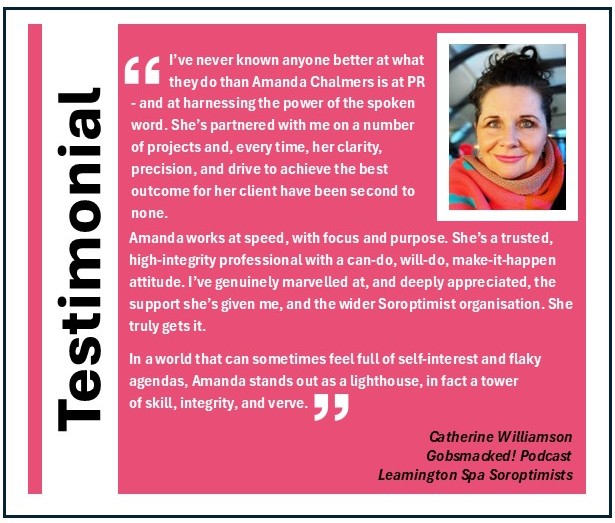 ChalmersNewsPR's tweet image. The first in my new series of Testimonials.
Thank you to @caththompson_me of Gobsmacked! podcast &amp;amp; Leamington Spa Soroptimists. Look forward to working with you again soon. 📷
Check her out here: gobsmacked.me