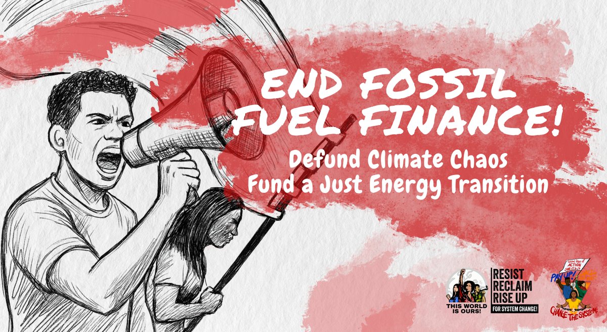 Stop financing destruction — start fueling justice! We demand a rapid, equitable and just energy transition now. Fund our future by ending fossil fuel finance and backing community-led renewables. Power the people, not the polluters!  #JustTransitionFinanceNow
#DefundDirtyEnergy