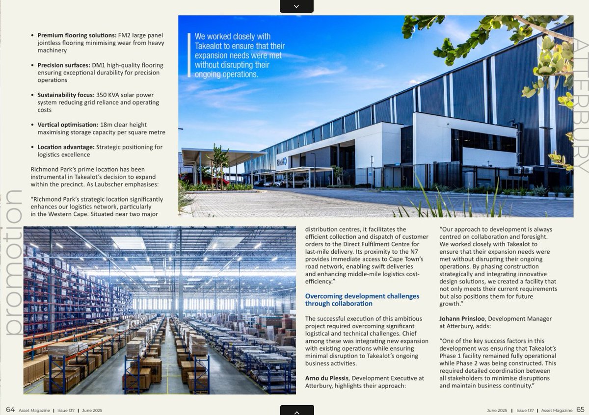 Atterbury x Takealot = Growth built on trust.
Our Richmond Park partnership is featured in Asset Magazine, showing how real estate meets real relationships.

#Atterbury #Takealot #RichmondPark #ItsAMatterOfAssociation #AssetMagazine #CRE