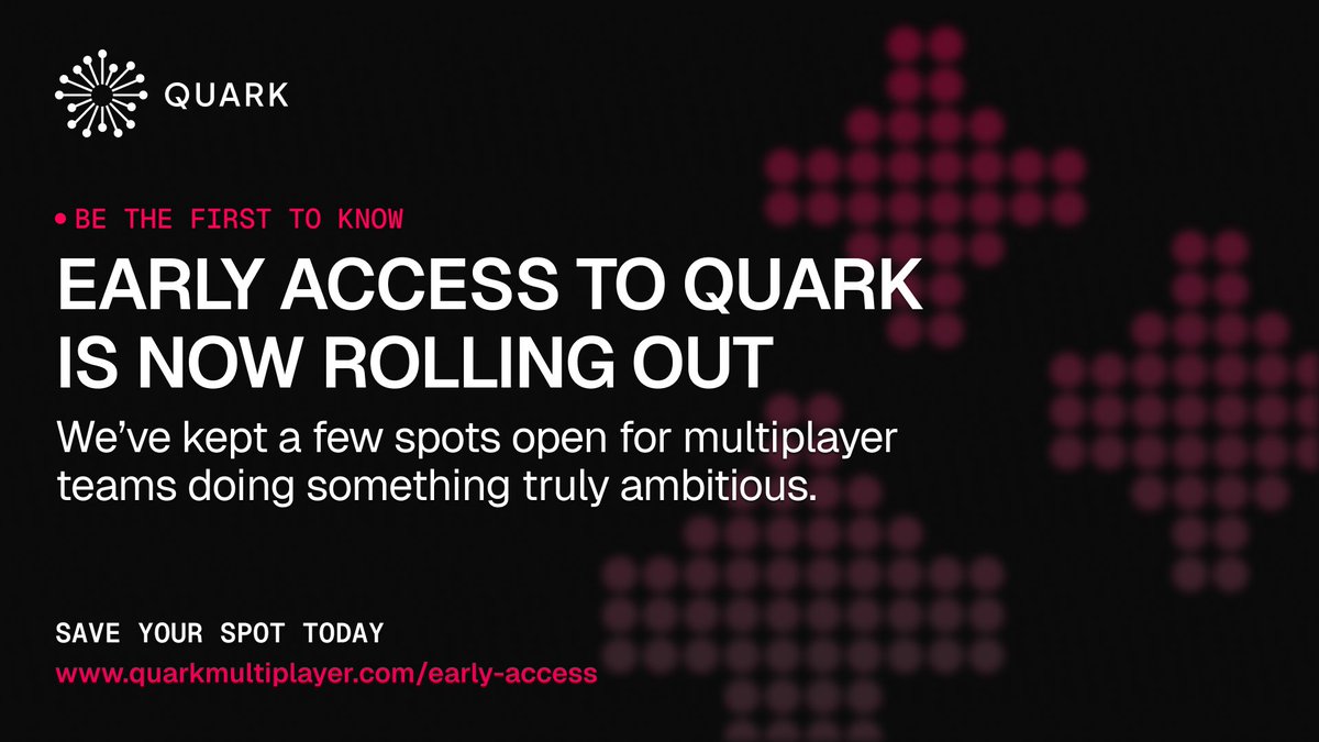Early Access to Quark is now rolling out.

We’ve kept a few spots open for multiplayer teams doing something truly ambitious.

⚔️ MMO?
🚀 Huge CCU target?
💸 Infra cost nightmare?

We’ll fast-track the boldest projects.

Tag a dev or apply here: quarkmultiplayer.com/early-access