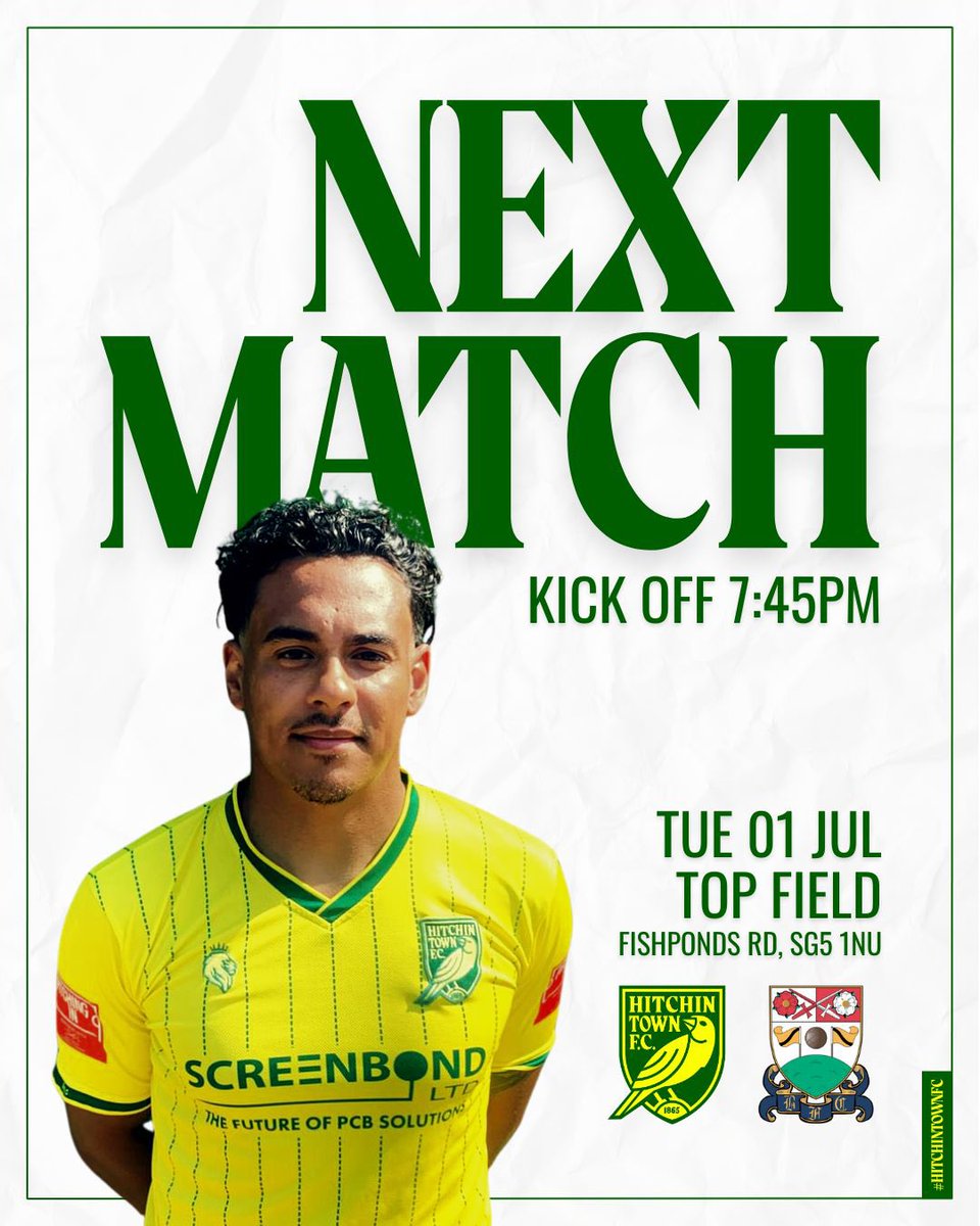 Hitchin Town FC (@hitchintownfc) on Twitter photo Just a week to go before we are back in action at Top Field!!!
We welcome <a href="/BarnetFC/">(C) Barnet FC 🐝</a> on Tuesday 1st July for a pre-season friendly kicking off at 7.45pm.
Get your tickets here:
🔗 hitchintownfc.ktckts.com/brand/match-ti… Just a week to go before we are back in action at Top Field!!!
We welcome <a href="/BarnetFC/">(C) Barnet FC 🐝</a> on Tuesday 1st July for a pre-season friendly kicking off at 7.45pm.
Get your tickets here:
🔗 hitchintownfc.ktckts.com/brand/match-ti…