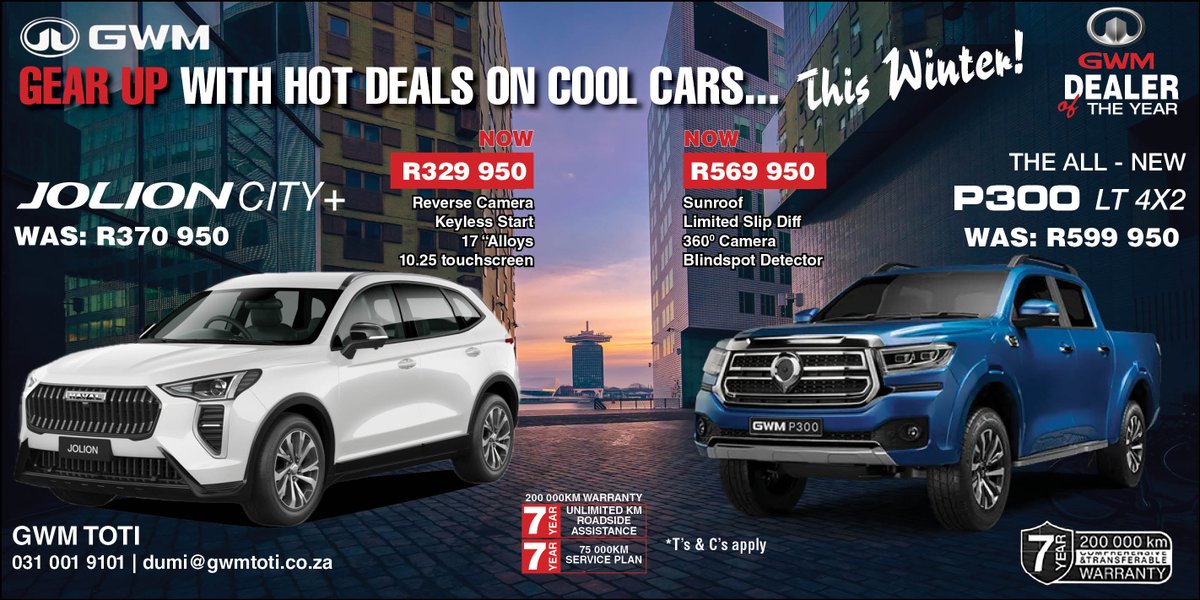IsolezweNews's tweet image. #Isikhangiso | GWM Toti
Gear up with hot deal on cool cars
GWM DEALER OF THE YEAR
https:/havaltoti.co.za/haval-jolion
#Toti #GWMToti