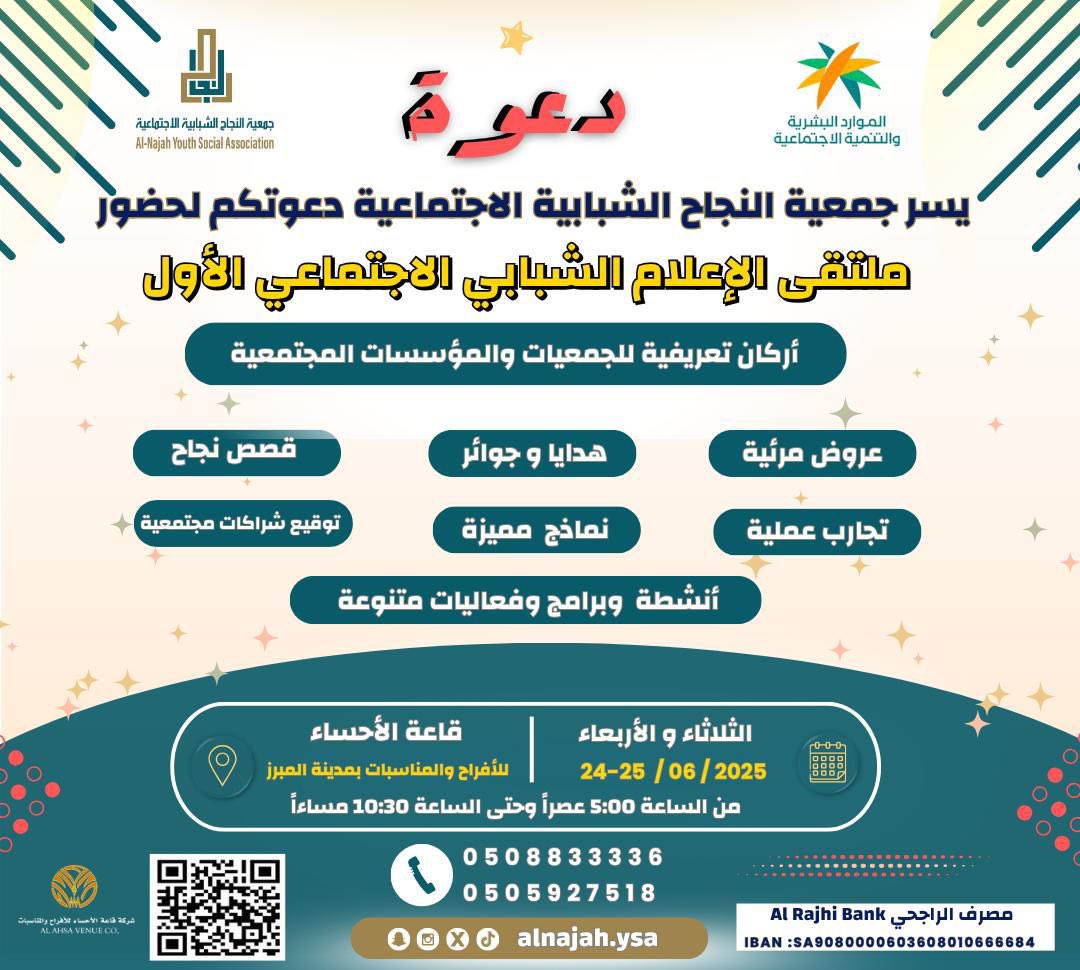 تشارك جمعية هجر التاريخية في ملتقى الإعلام الاجتماعي الأول الذي تنظمه جمعية النجاح الشبابية الاجتماعية في قاعة الأحساء للأفراح والمناسبات وذلك يومي الثلاثاء والأربعاء ٢٤-٢٥ / ٦ / ٢٠٢٥ الموافق ٢٨ -٢٩ / ١٢ / ١٤٤٦  .