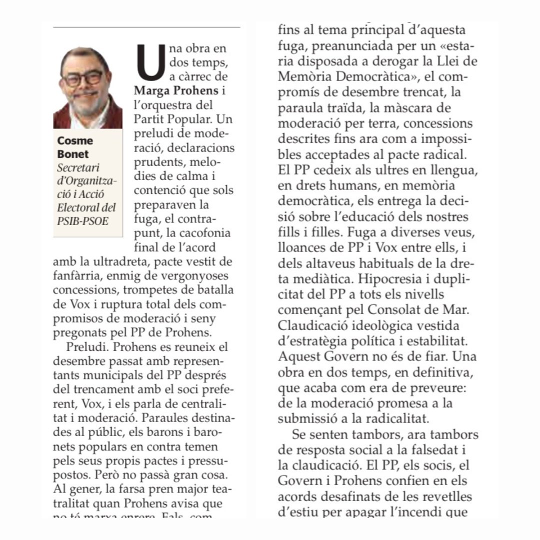 PSIB-PSOE (@psibpsoe) on Twitter photo ✍️ Un pacte vestit de fanfarria, enmig de vergonyoses concessions, trompetes de batalla de Vox i ruptura total dels compromisos de moderació i seny pregonats pel PP de Prohens.
🗞️ Magnífic article del nostre Secretari d'Organització i , <a href="/cosmebonet/">Cosme Bonet</a> a <a href="/UHmallorca/">Ultima Hora Mallorca</a>
🔗 ✍️ Un pacte vestit de fanfarria, enmig de vergonyoses concessions, trompetes de batalla de Vox i ruptura total dels compromisos de moderació i seny pregonats pel PP de Prohens.
🗞️ Magnífic article del nostre Secretari d'Organització i , <a href="/cosmebonet/">Cosme Bonet</a> a <a href="/UHmallorca/">Ultima Hora Mallorca</a>
🔗