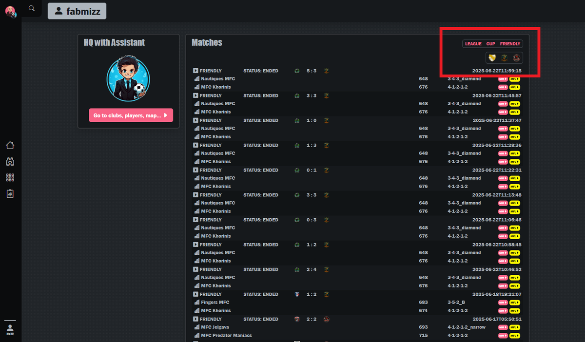 👨‍🏭 User page improvement on Coach 👨‍🏭

You can now:
➡️ Search any user to consult their page
➡️ Filter the matches by types and clubs

Link: mfl-coach.com/user/0x04b5def…

This is just the intro of something addictive coming up this week!

Stay tuned! 📻
