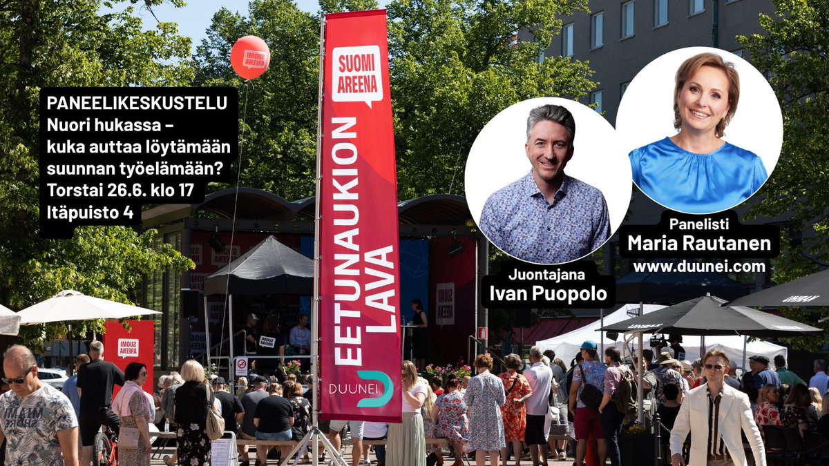 Tule kuuntelemaan torstaina klo 17 Eetunaukiolle ajankohtainen paneelikeskustelu nuorten työllistymisestä ja syrjäytymisestä, ikäihmisten auttamisesta ja kotoutumisen onnistumisesta. Juontajana loistava 🗣️ <a href="/ivanpuopolo/">Ivan Puopolo</a> ja joukko alan asiantuntijoita #SuomiAreena #pori <a href="/duuneiapp/">Duunei - Auttavat ✋🏼🤚🏼lähelläsi</a>