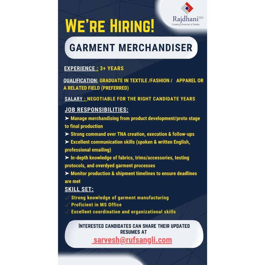 texappjobs's tweet image. kindly note, Don&apos;t pay any money to HR if not mentioned in job details

#KnitwearJob
#TextileJobOpening