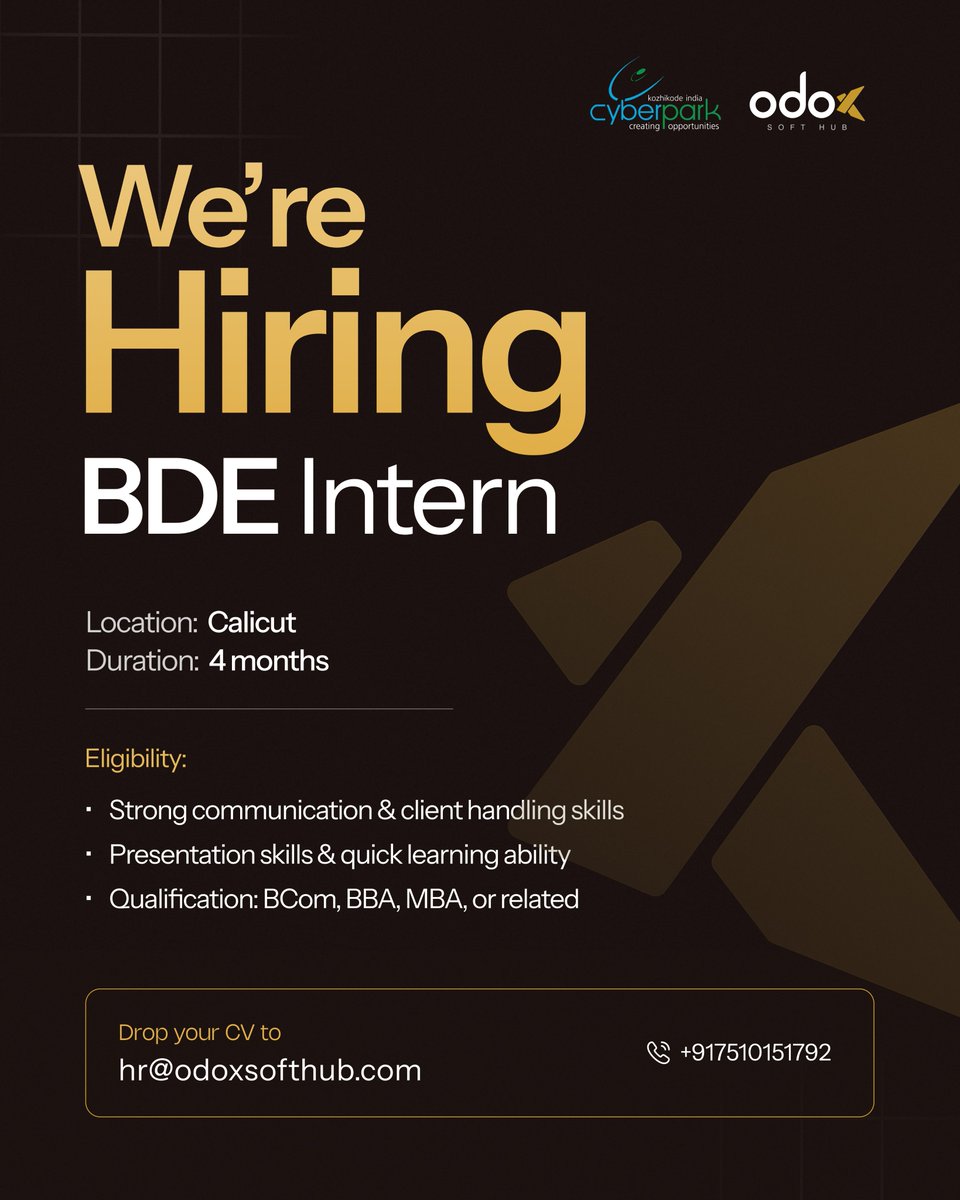 Odoxsofthub's tweet photo. Ready to level up your career?

We’re #HIRING 💼 #BDE Interns at Cyberpark, Calicut!

✅ Hands-on client exposure
✅ Boost your communication &amp; sales skills
⏳ 4-month internship | 🎓 BCom/BBA/MBA
📩 Apply now: hr@odoxsofthub.com

#HiringNow #InternshipOpportunity #OdoxSoftHub https://t.co/hTxHfXWFD3