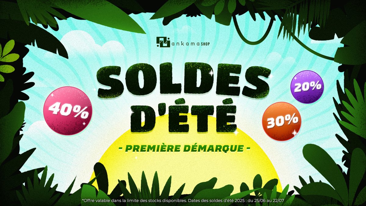 🎩 Mesdames, Messieurs… les soldes d’été débarquent sur #AnkamaShop !

🏷️ Du 25 juin au 22 juillet, les prix fondent comme sorbet au soleil 🍦

🛒 ankama-shop.com/fr/promotions