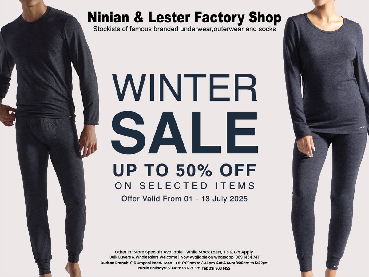 IsolezweNews's tweet image. #Isikhangiso  |  Kudayiswa izimpahla zasebusika. Ezintweni ezikhethiwe zehliswe ngo-50%.

#WinterClothes #Sponsored #Sale #NinianandLester
#Factoryshop #Clothes