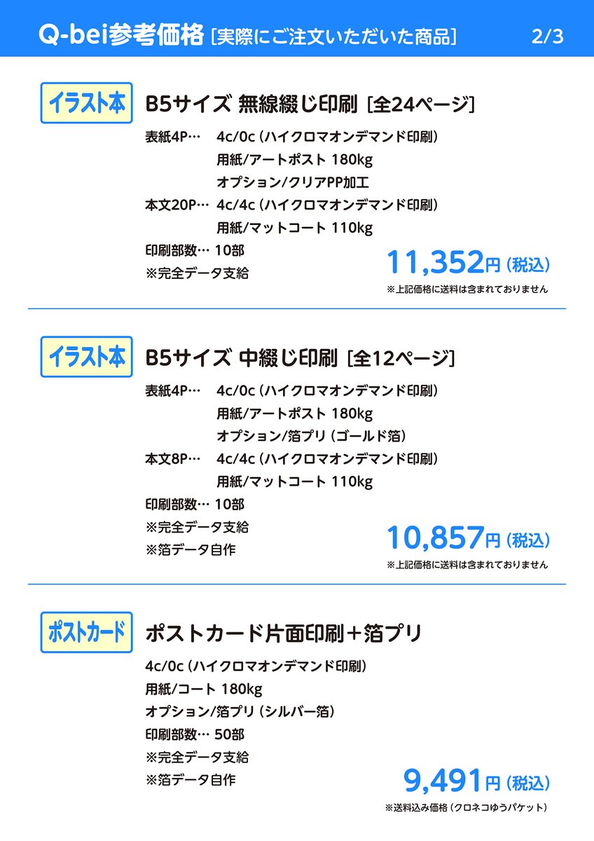 q_bei_p's tweet image. 【印刷ショップQ-bei参考価格】
過去にご注文いただいた商品の価格をご紹介✨️
参考価格としてご活用いただければ幸いです😊✨️
★カラーはすべて高彩度印刷です!✨️
#同人誌 #RGB印刷 #オンデマンド印刷 #箔 #PP加工