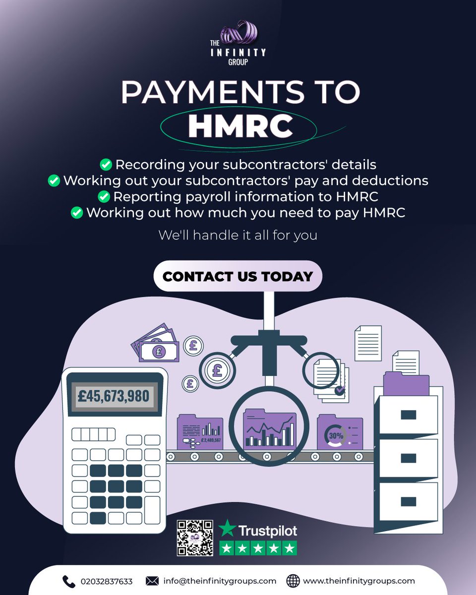 InfinitySolut15's tweet photo. HE INFINITY GROUP
Making Payments to HMRC Simple
Let us take the hassle out of your HMRC obligations.

We’ll take care of everything, including:
✅ Collecting and managing your subcontractors' information
✅ Calculating pay and deductions for each subcontractor https://t.co/CmkNsO3HBJ