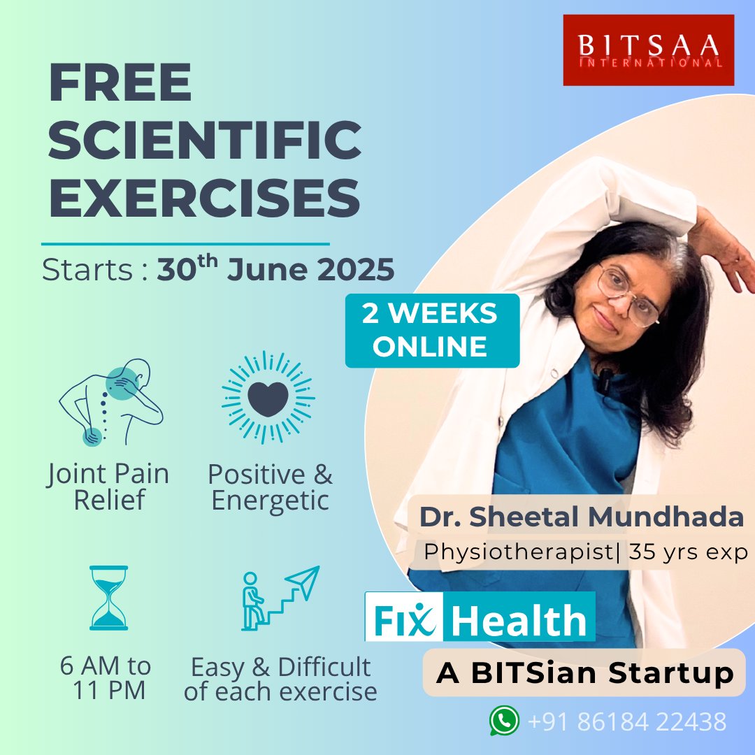 Don’t stop at Yoga Day—your joints deserve consistent care!🧘‍♀️
Join FixHealth’s FREE 2-week physio program 
A  BITSian-led startup!

✅ Relieve knee, back &amp; joint pain
⏰ Join anytime (6AM–11PM) from June 30
👩‍⚕️ Led by Dr. Sheetal (35+ yrs exp)
🔗 fixhealth.com/ds/1994/refer

#YogaDay