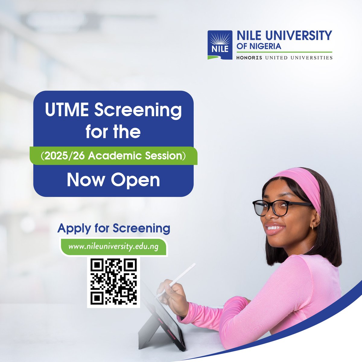 NileUni's tweet photo. The UTME Screening for the 2025/26 Academic Session is now open.
Apply today via: https://t.co/bJu4kp7C3p or scan the QR code to get started.
@HonorisUni
#educationforimpact
#beyonddegrees
#buildyoursuccess
#admissionmatters
#UTME2025 https://t.co/fA9CcEwYLe