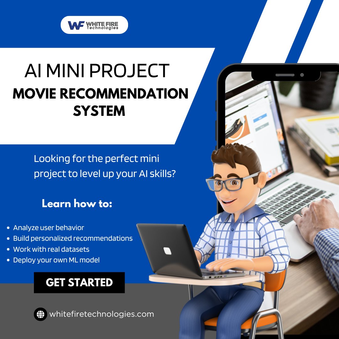 whitefiretech's tweet photo. 🎬 AI Mini Project – Movie Recommendation System

Build a Movie Recommendation System using machine learning algorithms, real-time data, and Python libraries like Pandas, Scikit-learn &amp; more!

Visit us: https://t.co/8TLZaAMjK6
 
 #MovieRecommendationSystem #MiniProjectIdeas https://t.co/J8GPJIHDWu