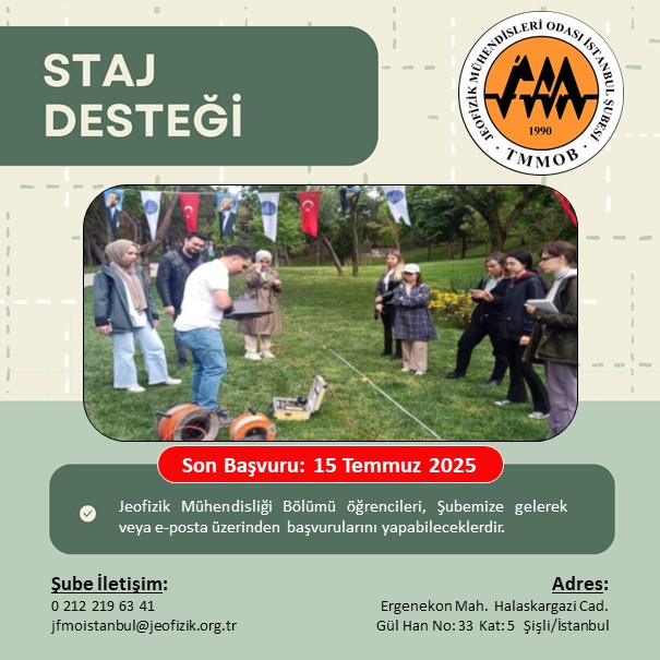 JFMO İstanbul Şubesi (@jfmoistanbul) on Twitter photo JEOFİZİK MÜHENDİSLİĞİ BÖLÜMÜ ÖĞRENCİLERİNE STAJ DESTEĞİ
Kendi imkanı ile staj yeri bulamayan, Jeofizik Mühendisliği Bölümü Öğrencileri, Şubemize gelerek veya e-posta üzerinden başvurularını yapabileceklerdir.
SON BAŞVURU
15 Temmuz 2025
E-Posta: jfmoistanbul@jeofizik.org.tr JEOFİZİK MÜHENDİSLİĞİ BÖLÜMÜ ÖĞRENCİLERİNE STAJ DESTEĞİ
Kendi imkanı ile staj yeri bulamayan, Jeofizik Mühendisliği Bölümü Öğrencileri, Şubemize gelerek veya e-posta üzerinden başvurularını yapabileceklerdir.
SON BAŞVURU
15 Temmuz 2025
E-Posta: jfmoistanbul@jeofizik.org.tr