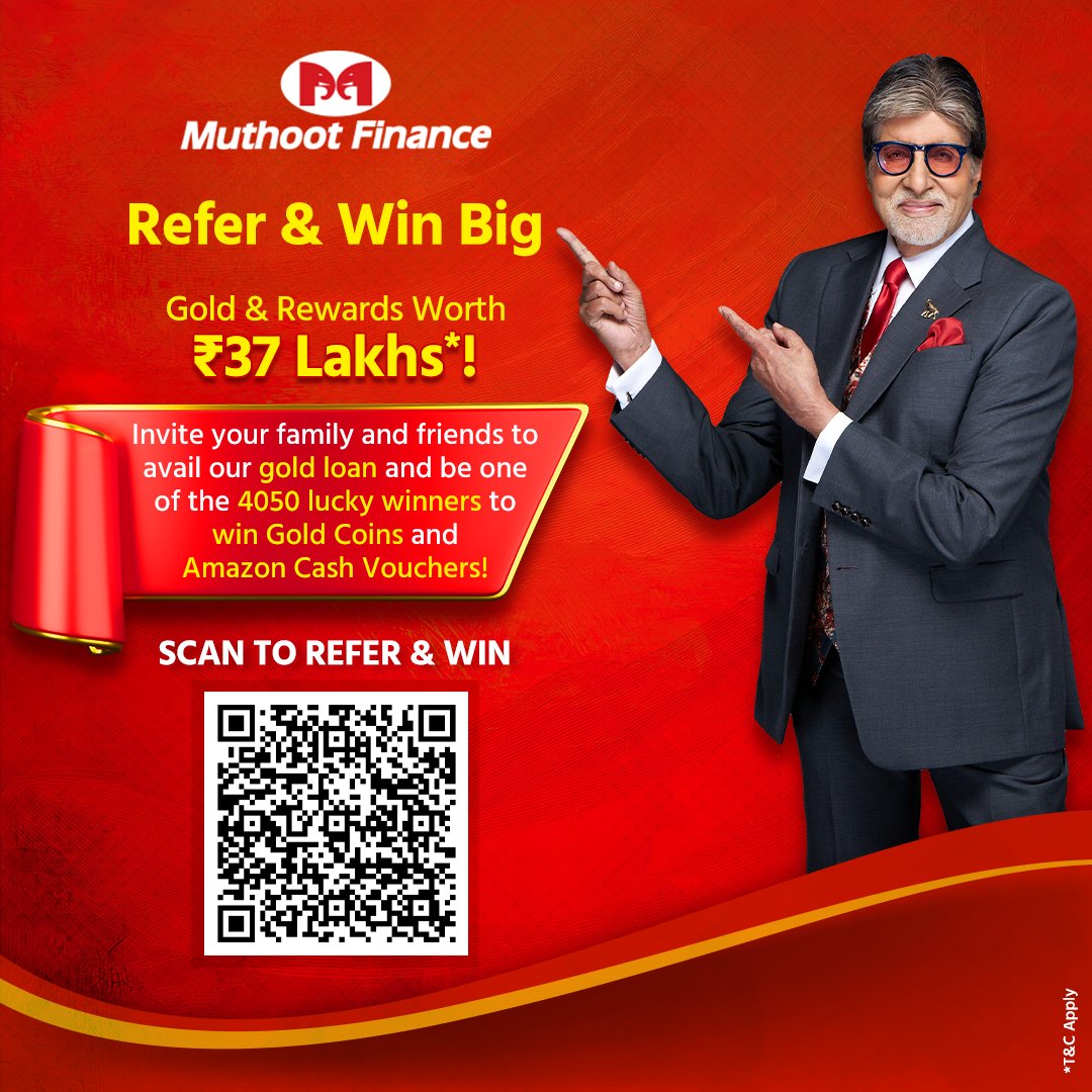 Refer your loved ones to our Gold Loan service &amp; grab your chance to win Gold Coins &amp; Amazon Vouchers worth ₹37 Lakhs! 4050 winners await!

#ReferAndWin #GoldCoins #AmazonVouchers #MuthootFinance