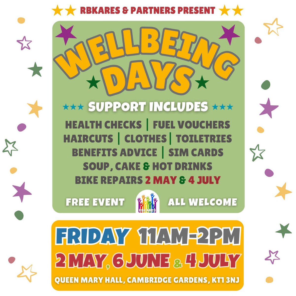 This is World Wellbeing Week and the next RBKares Wellbeing day is Fri 4th July-where we too will be promote physical, mental &amp; emotional health, social resilience and community relations to highlight the many aspects of wellbeing. Join us at Queen Mary Hall
#WorldWellbeingWeek