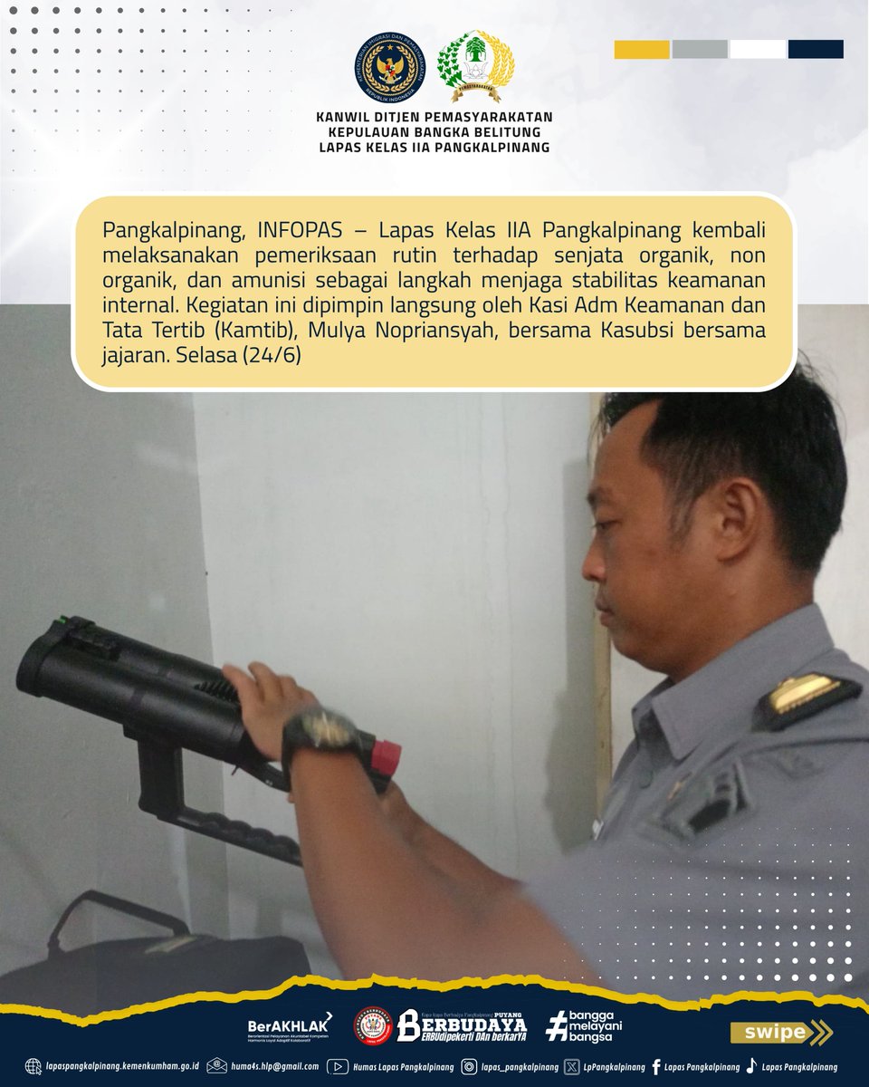 LpPangkalpinang's tweet photo. Pastikan Keamanan, Lapas Pangkalpinang Cek Kelayakan Senjata dan Amunisi
selengkapnya: https://t.co/3aTheQelpS

#kemenimipas
#guardandguide
#ditjenpas
#pemasyarakatanbabel
#kanwilditjenpasbabel
#hermansawiran
#LapasPangkalpinangBerbudaya
#SugengIndrawan https://t.co/g9Rol1Xzto