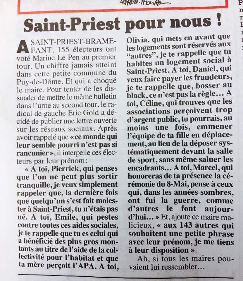 Je retombe sur cet article du Canard Enchaîné de 2021 dans lequel le maire de Saint-Priest Bramefant (Puy de Dôme) s’adressait aux 155 électeurs de son village ayant voté Marine Le Pen au 1er tour des régionales. Et ça fait un bien fou ❤️