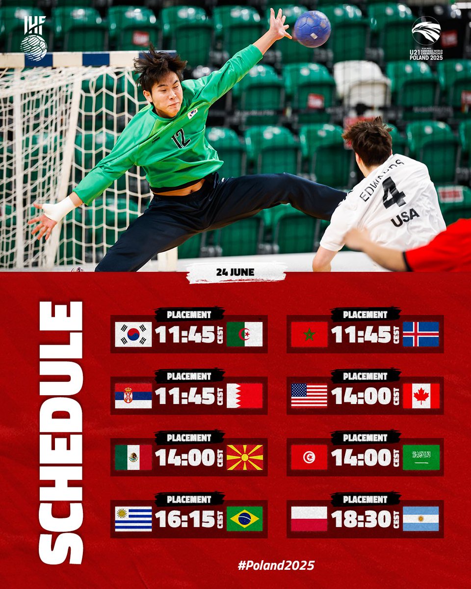 Time to finish unfinished business at #Poland2025 🔥 Three quarter-finals berths remain, two for Group I and one for Group IV 👀 Full schedule with President's Cup and final main round matches ⬇️

Day preview 👉 ihf.info/media-center/n…