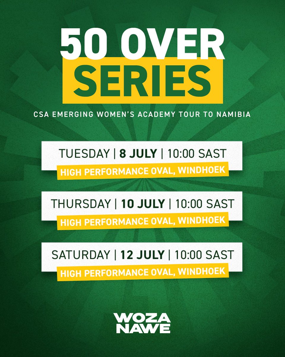 Cricket South Africa (CSA), in collaboration with Cricket Namibia, announces an exciting white-ball tour featuring the CSA Emerging Women’s Academy squad and hosts Namibia. 

The tour will take place in Windhoek from 02 – 12 July, comprising four T20 matches and three 50-over