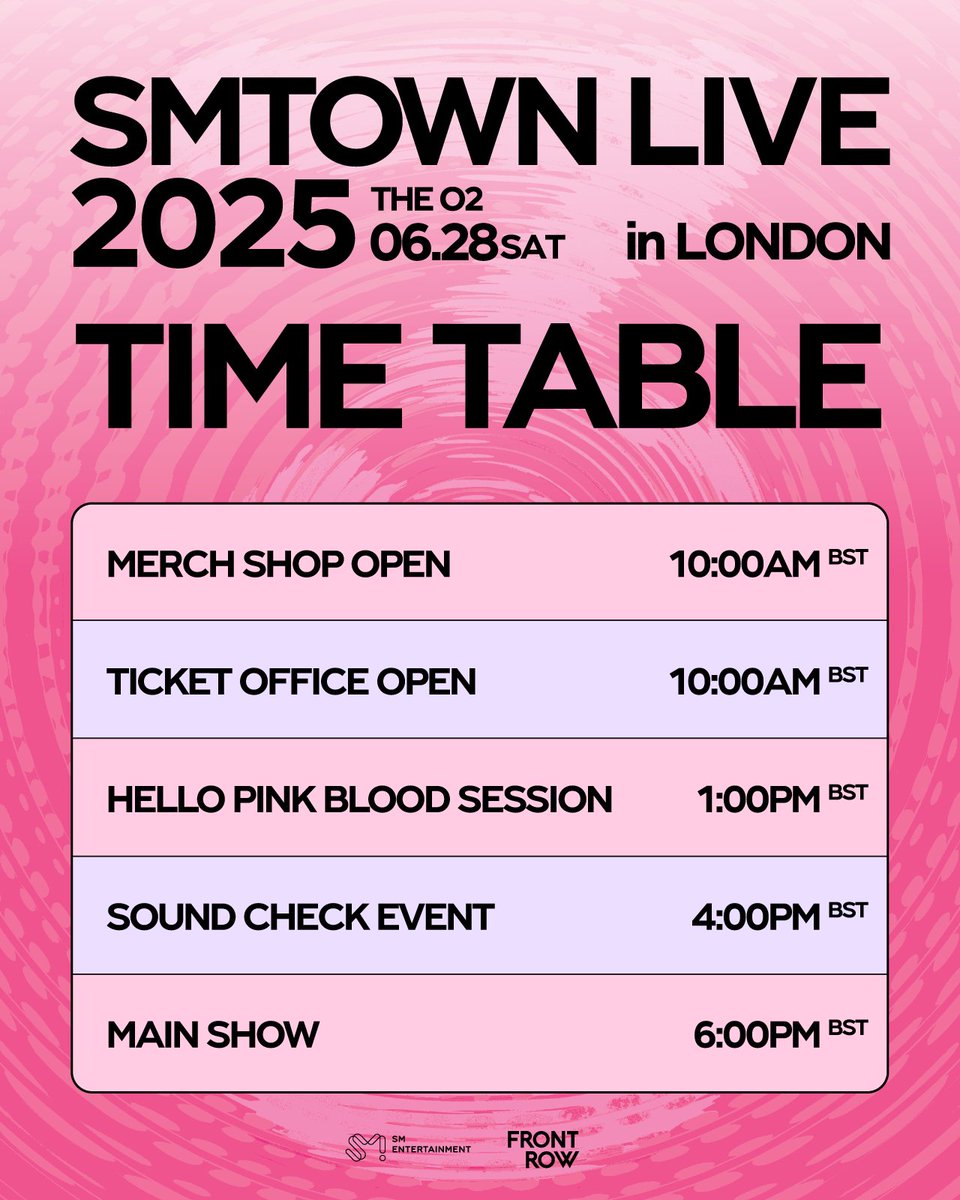 🎟️ SMTOWN LIVE 2025 in LONDON TIME TABLE 🎟️

D-4 until the show! 🤭⭐️
It’s really just around the corner now! 😆🎉
Please make sure to check the entry time and event start time before arriving at the venue!💡
Pink Bloods, see you on June 28 at The O2! 💕

#TVXQ! #GIRLSGENERATION